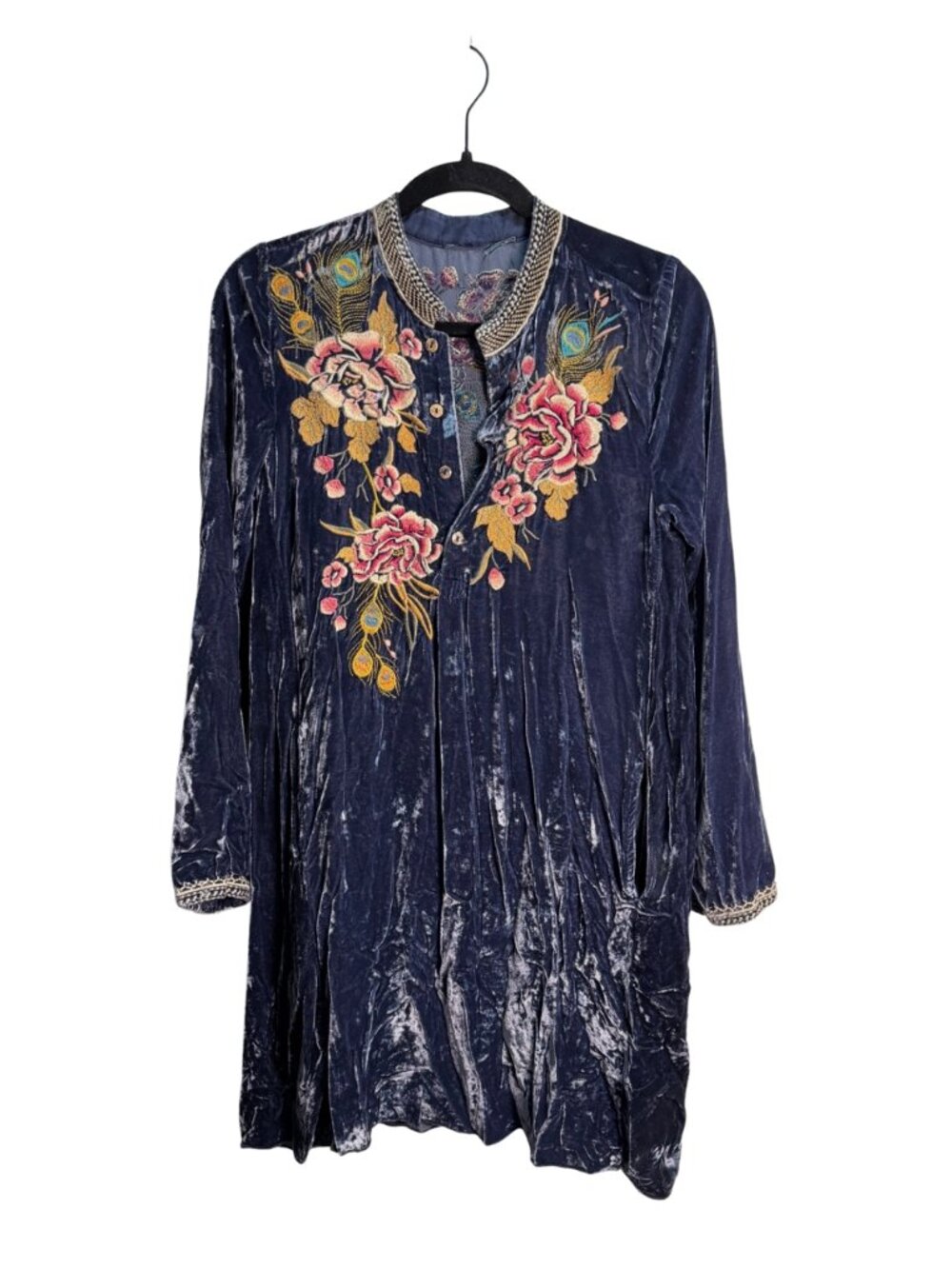 Navy Crushed Velvet Floral & Peacock Feather Embroidered Tunic